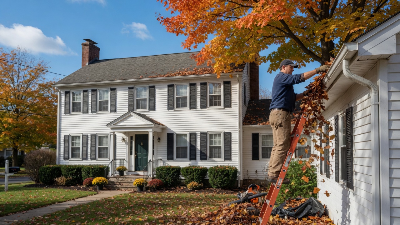 Technician clearing autumn leaves from a gutter