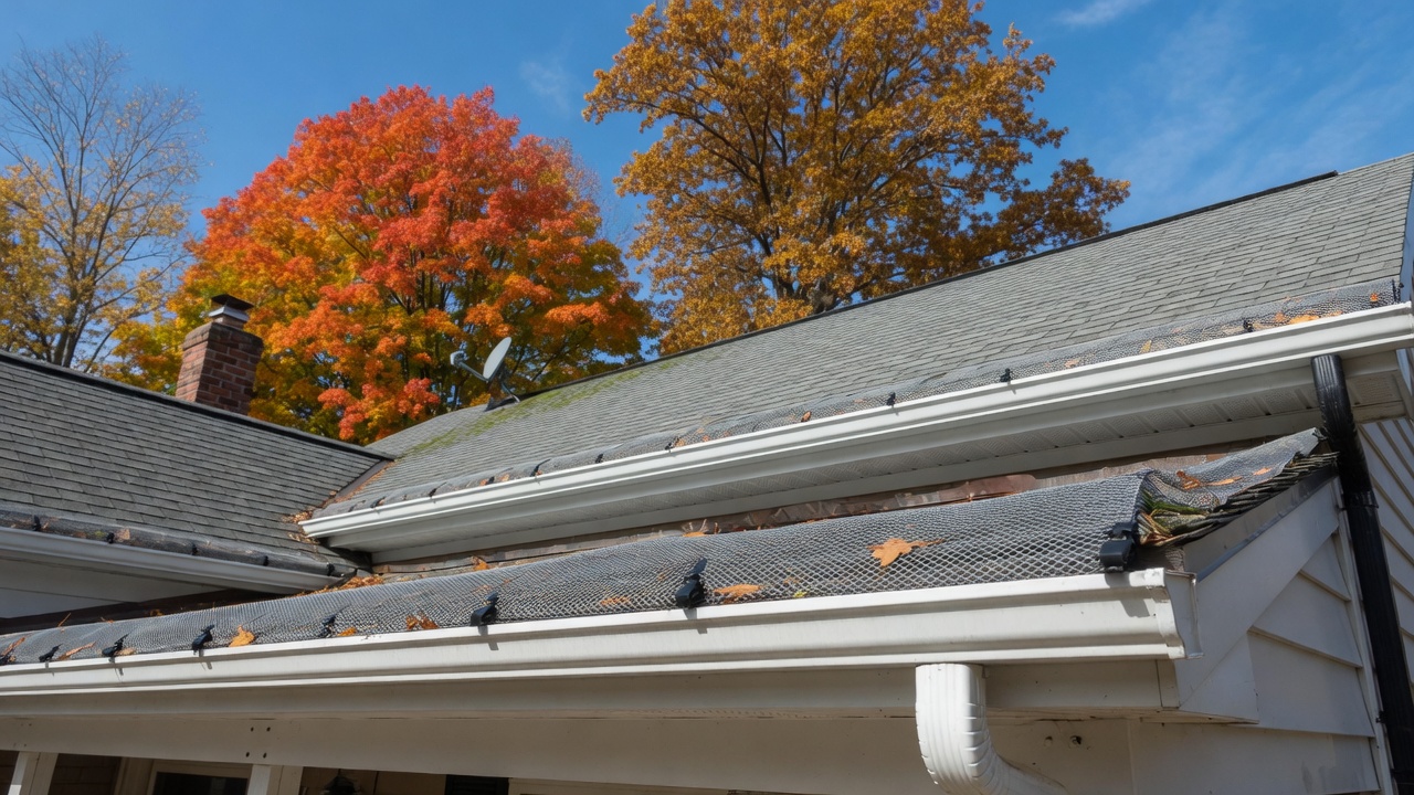 Mesh gutter guards along a shingled roof